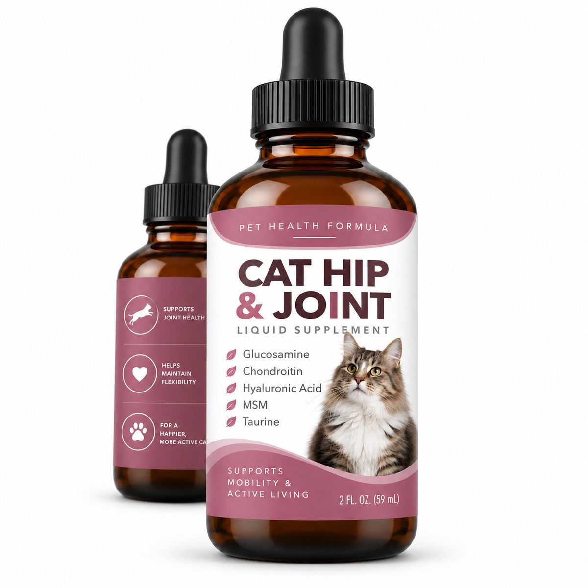 Private label cat hip and joint liquid supplement, 60 mL dropper bottles