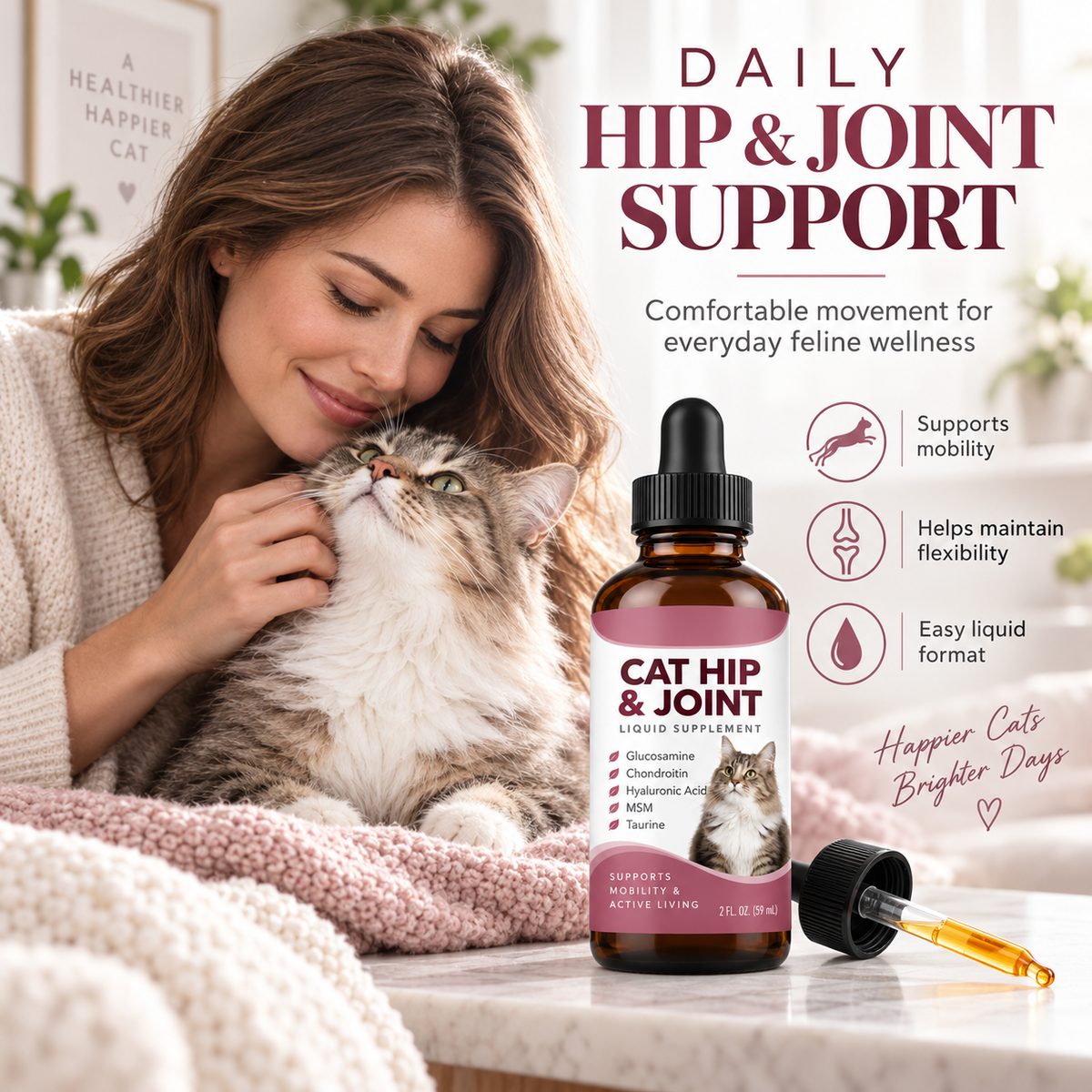 Cat owner with liquid joint supplement dropper bottle