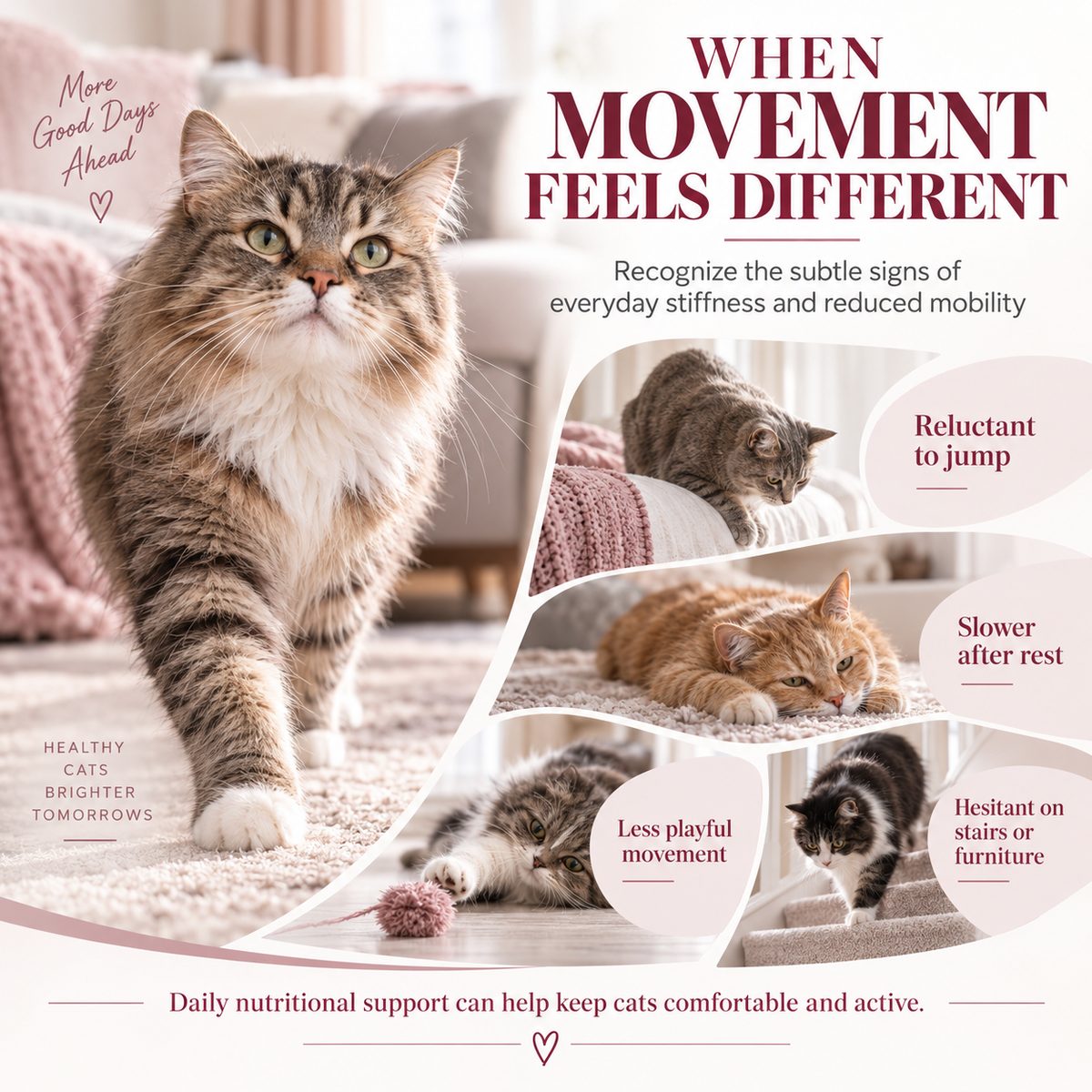 Signs of stiffness and reduced mobility in senior cats